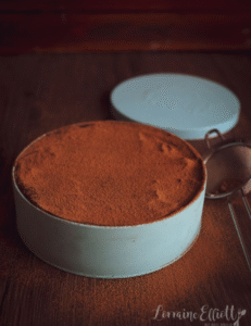 A chocolate dream cake in a blue container, accompanied by a spoon, ready to be served.