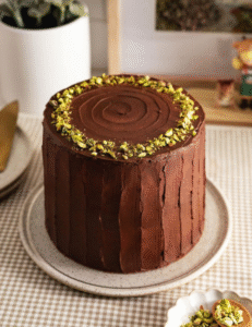  A rich chocolate cake topped with crushed pistachios, showcasing a delightful contrast of colors and textures.